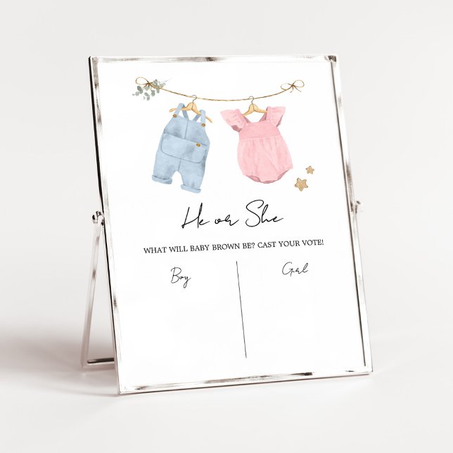 Affiche Boho Baby Clothes Gender Reveal Sign (Boho Baby Clothesline Baby Shower Voting Sign)