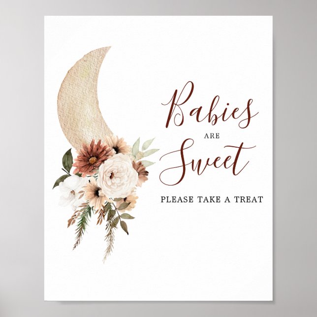 Affiche Boho Beige Lune Baby shower Les bébés sont doux (Devant)