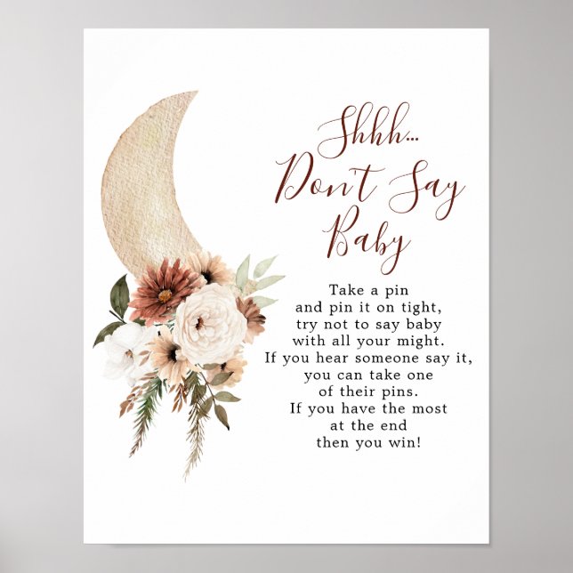 Affiche Boho Beige Moon Baby shower Ne pas dire bébé (Devant)