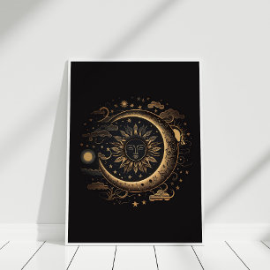 Affiche Boho Black Cuivre Soleil et Lune Mur Art