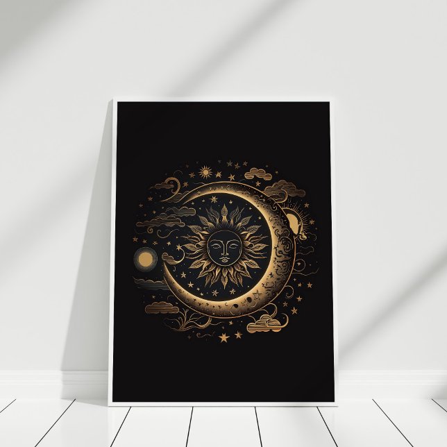 Affiche Boho Black Cuivre Soleil et Lune Mur Art (Boho Black Copper Sun and Moon Wall Art in a white frame against white wall.)
