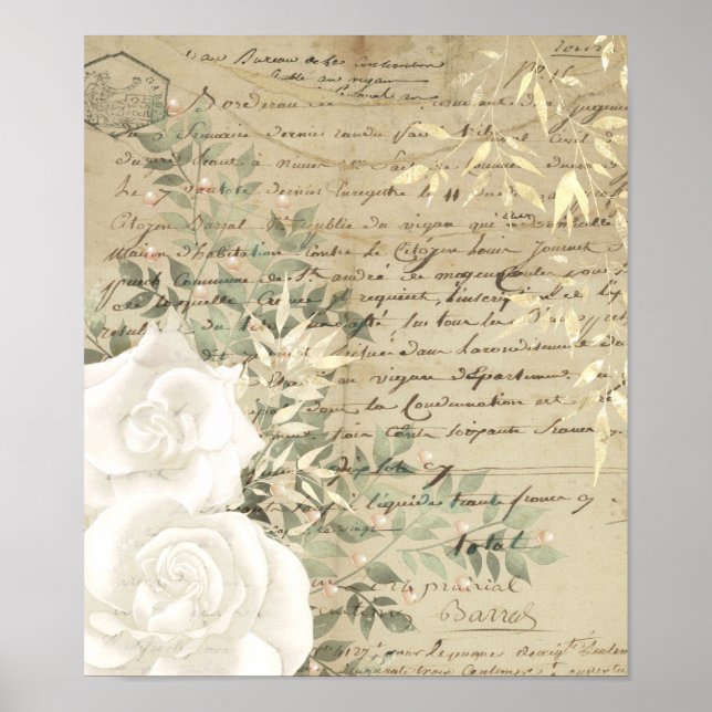 Affiche Boho Blanc Floral Végétalie Écriture Lettre Dorée (Devant)