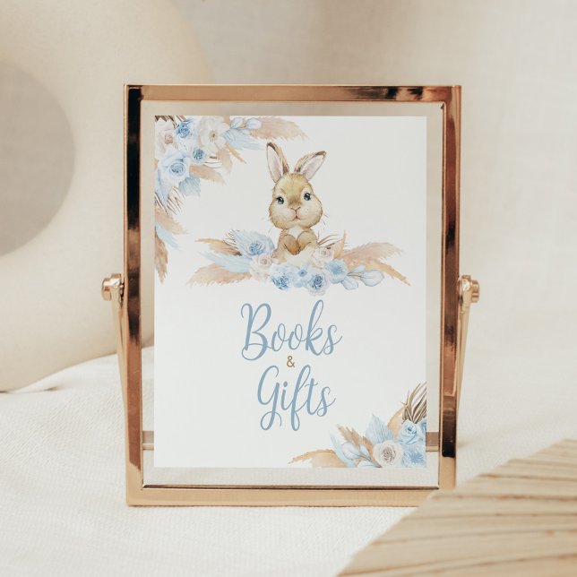 Affiche Boho bleu Bunny Baby showers Livres et cadeaux (Pampas Grass Boy Bunny Baby Shower Books and Gifts Sign)