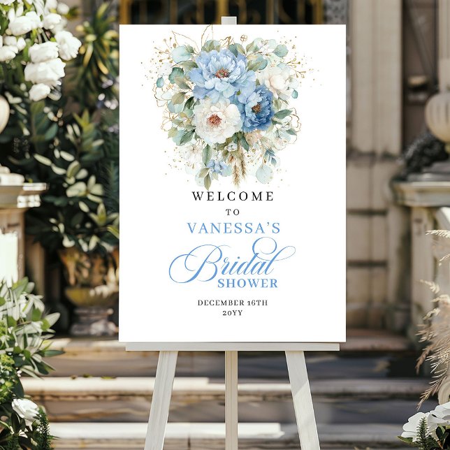 Affiche Boho Bleu Clair Verdure Bienvenue à la Baby Shower (Light Blue Greenery Bridal Shower Welcome)