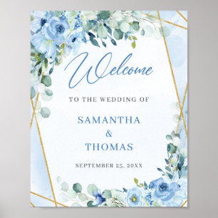 Affiche Boho bleu floral eucalyptus or mariage accueil