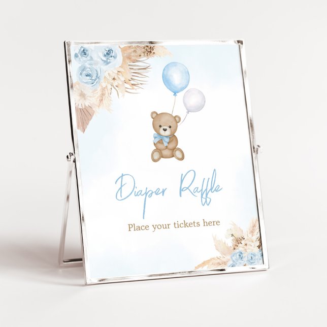 Affiche Boho Bleu Nous Pouvons Attendre Rapide Déchets (Blue Pampas Grass Boho Bear Baby Shower Diaper Raffle Sign)