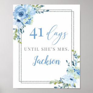 Affiche Boho bleu poussiéreux floral argent chic compte à