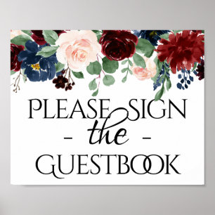 Affiche Boho Bloom   Burgundy and Navy Blue Guestbook Sign