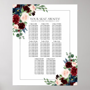 Affiche Boho Bloom   Burgundy et Marine Blue Seating Chart