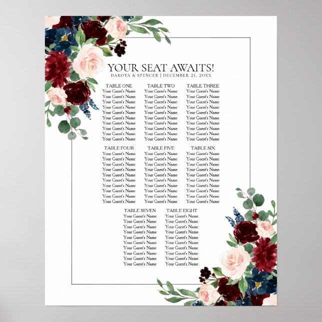 Affiche Boho Bloom | Burgundy et Marine Blue Seating Chart (Devant)
