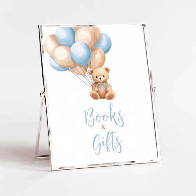 Affiche Boho Blue Balloon Bear Baby shower Livres et Cadea (We Can Bearly Wait Boy Baby Shower Books and Gifts Sign)