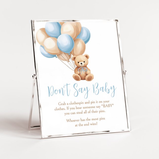Affiche Boho Blue Balloon Bear Baby shower Ne pas dire béb (We Can Bearly Wait Boy Baby Shower Don't Say Baby Sign)
