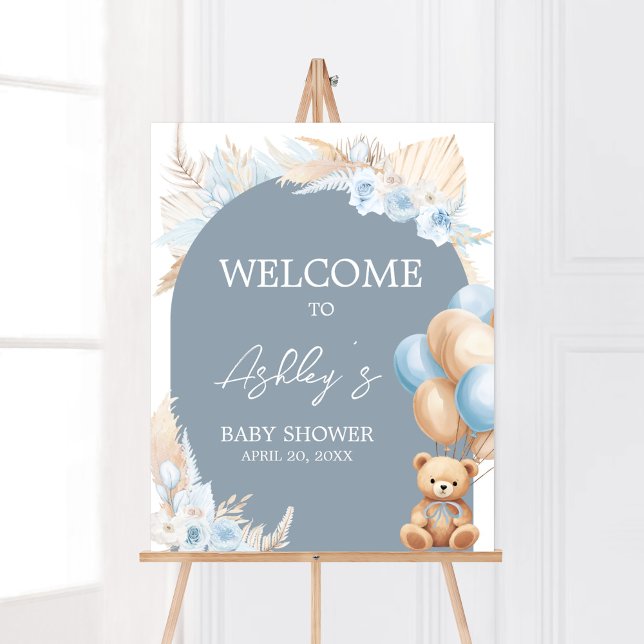 Affiche Boho Blue Bear Baby shower de ballon Bienvenue (Sage Blue Balloons Baby Shower Welcome Sign)