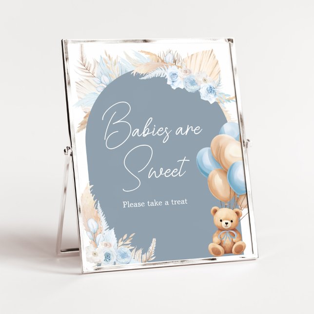 Affiche Boho Blue Bear Balloon Les bébés sont doux (Sage Blue Balloons Baby Shower Babies are Sweet Sign)