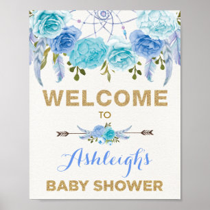 Affiche Boho Blue Floral Dreamcatcher Baby shower Bienvenu