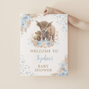 Affiche Boho Blue Highland vache bébé garçon douche accuei