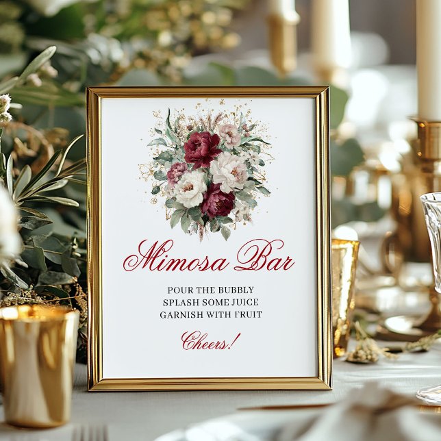 Affiche Boho Blush Bourgogne Bar à Mimosa Tabletop Floral  (Boho Blush Burgundy Mimosa Bar Floral Tabletop Sign)