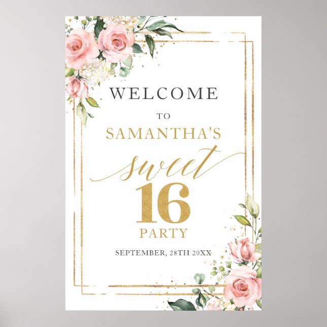Affiche Boho Blush et parties scintillant or 16e anniversa (Devant)