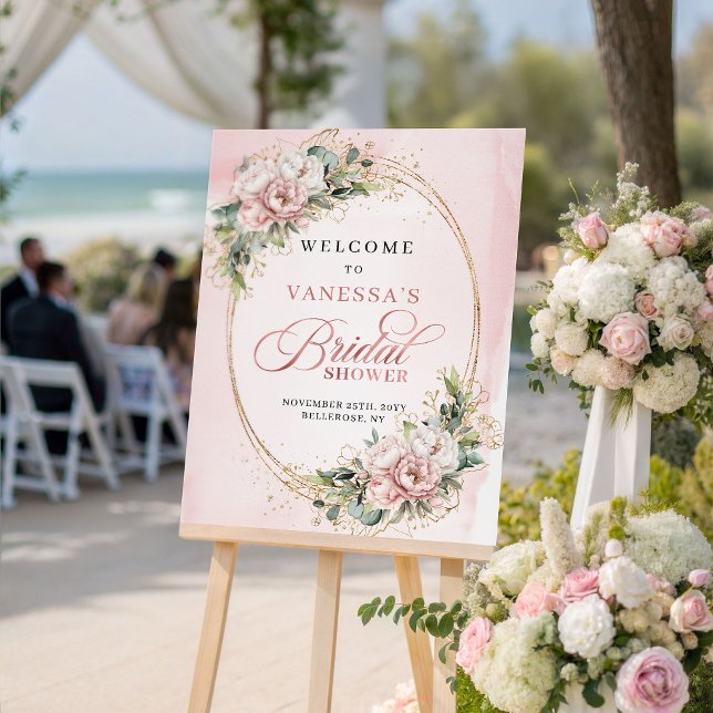 Affiche Boho Blush Fleurs de couleur rose verdure Or Bienv (Boho Blush Pink Flowers Greenery Gold Bridal Welcome)