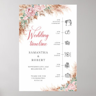 Affiche Boho blush Roses et pampas herbe mariage Timeline