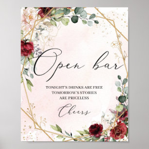 Affiche Boho bordeaux or floral mariage ouvert