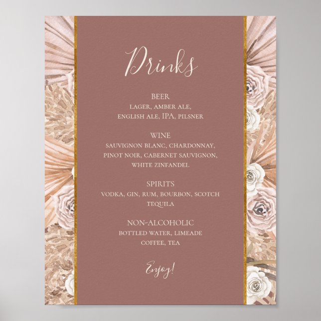 Affiche Boho Botanical Dusty Rose Mariage Boissons Menu Si (Devant)
