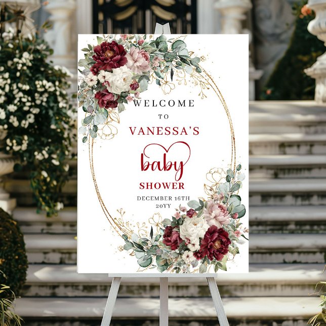 Affiche Boho Bourgogne Fleurs Or Baby Shower Bienvenue (Boho Burgundy Flowers Gold Baby Shower Welcome)