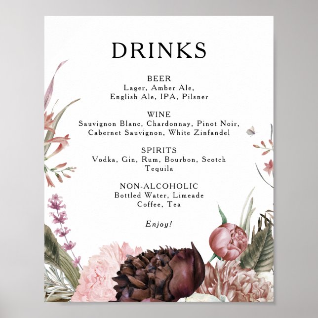 Affiche Boho Bourgogne Floral Mariage Boissons Menu Signer (Devant)