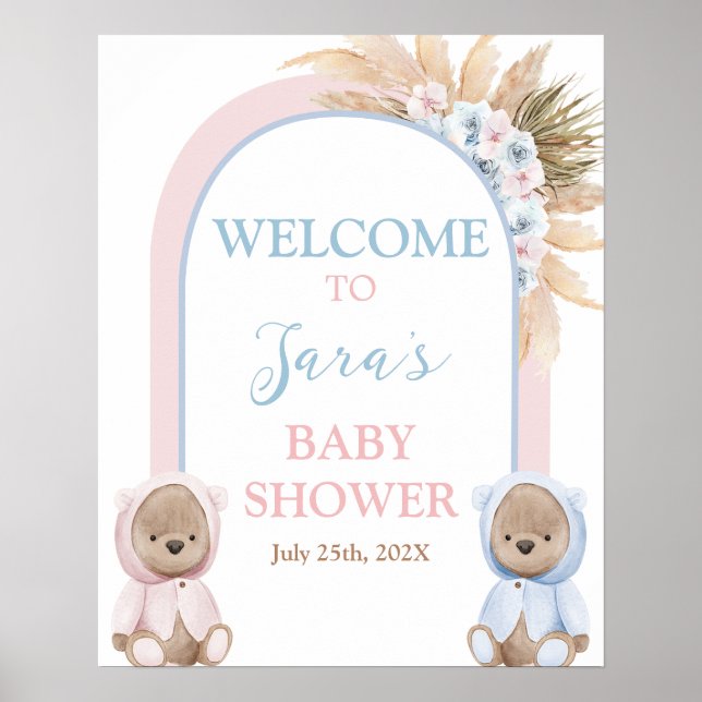 Affiche Boho Boy Girl Twins Bear Baby shower de bienvenue (Devant)