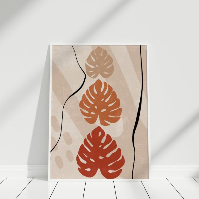 Affiche Boho Burange Beige Monstera Mur Art (Boho Burnt Orange Beige Monstera Wall Art in a white frame.)