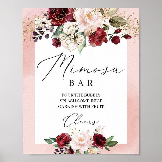 Affiche Boho burgunch rose floral mimosa signe de barre (Devant)