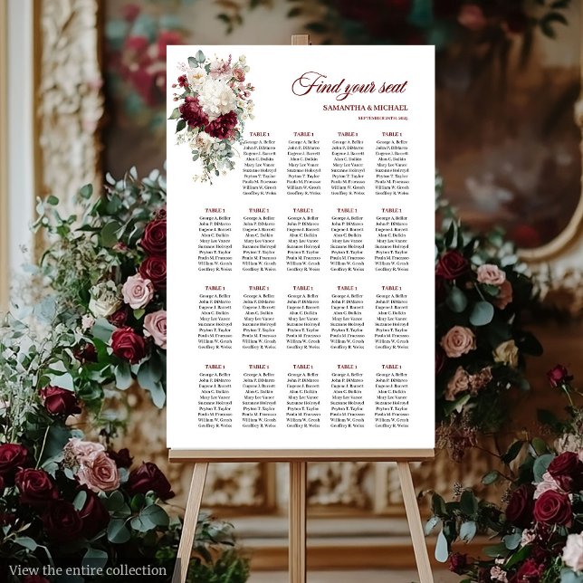 Affiche Boho Burgundy Blanc Floral Mariage Carte de siège (Boho wedding seating chart with watercolor burgundy and white roses with gold accents.)