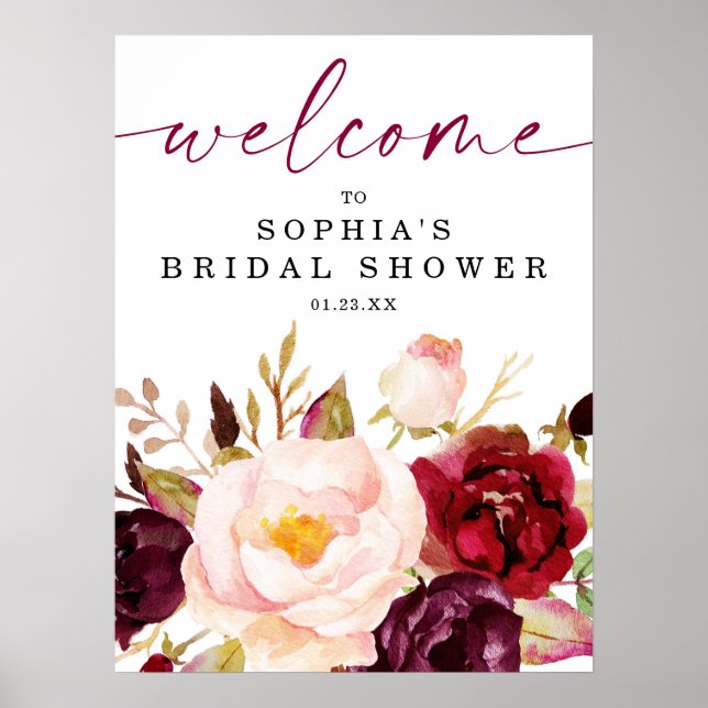 Affiche Boho Burgundy Floral Bridal Shower Welcome Sign (Devant)