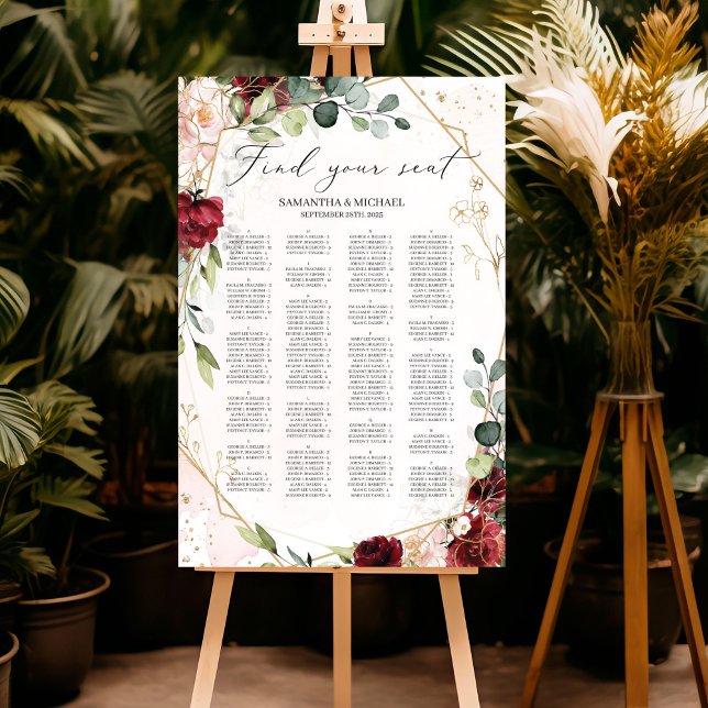 Affiche Boho burgundy mariage alphabétique (Modern burgundy floral gold geometric boho wedding alphabetical seating chart)
