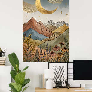 Affiche Boho Céleste Lune Croissante Montagne en Or