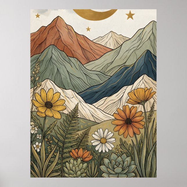 Affiche Boho Céleste Montagne Étoilée Plante Grasse (Devant)