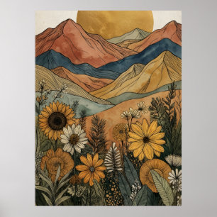 Affiche Boho Céleste Soleil Doré Montagne Tournesol