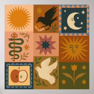 Affiche Boho Celestial   Soleil et lune rétro