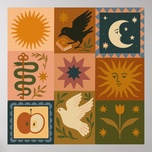 Affiche Boho Celestial | Soleil et lune rétro (Devant)