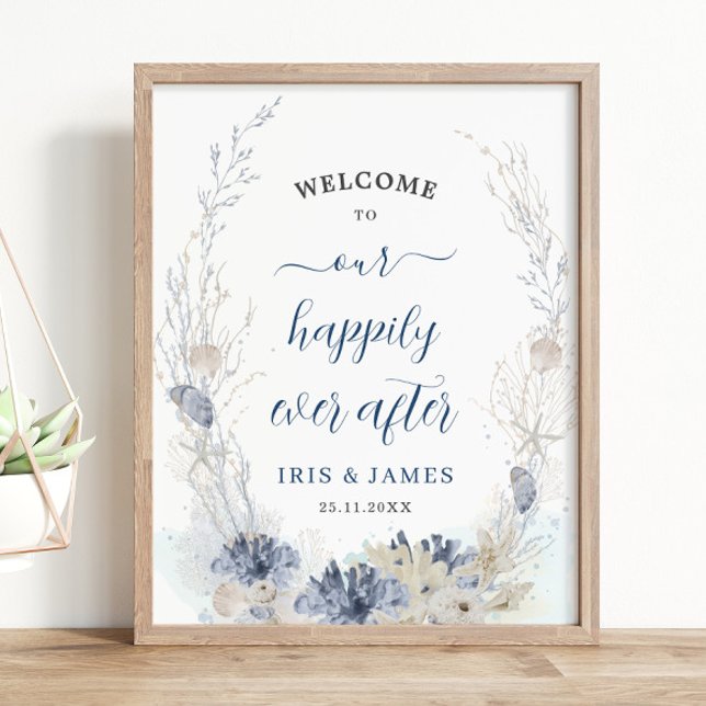 Affiche Boho Chic Beach Mariage côtier Bienvenue (ethereal soft blue neutral beach destination beachside nautical resort wedding welcome sign poster)