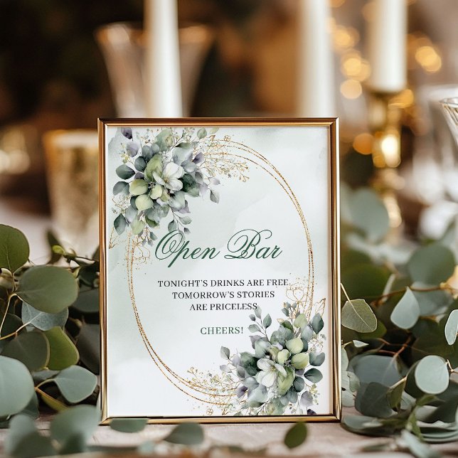 Affiche Boho Chic Eucalyptus Panneau de Bar Ouvert Vert Or (Boho Chic Eucalyptus Open Bar Sign Green Gold)