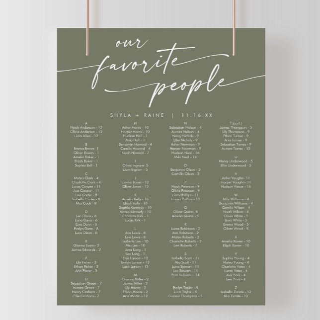 Affiche Boho Chic Olive Vert Imprimable Carte de siège (Créateur téléchargé)