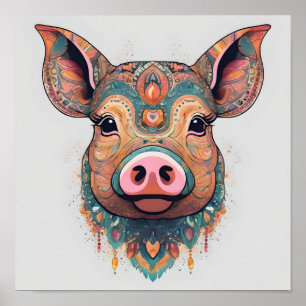 Affiche Boho coloré Bohemian Pig Whimsical Wall Art