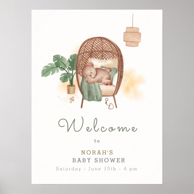 Affiche Boho Cosy Teddy Bear Sleep Baby shower Bienvenue (Devant)