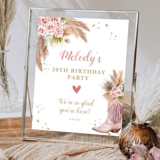 Affiche Boho Cowgirl Boot Pampas Grass Roses Bienvenue (Boho Cowgirl Boot Pampas Grass Roses Welcome Poster)