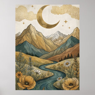 Affiche Boho Croissant de Lune Montagne Rivière