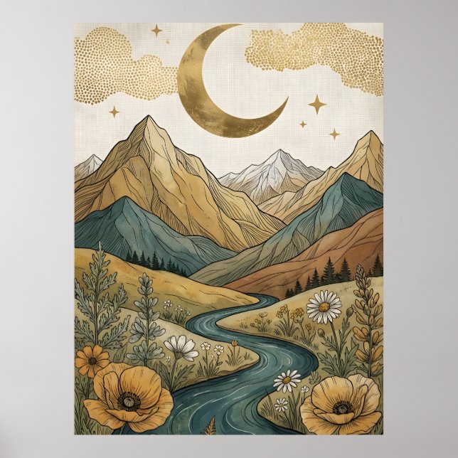 Affiche Boho Croissant de Lune Montagne Rivière (Devant)