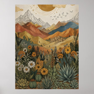 Affiche Boho Désert Montagne Cactus Pueblo Soleil