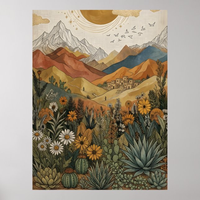 Affiche Boho Désert Montagne Cactus Pueblo Soleil (Devant)