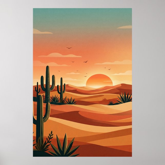 Affiche Boho Desert Sunset Dunes with Cactus & Flying Bird (Devant)